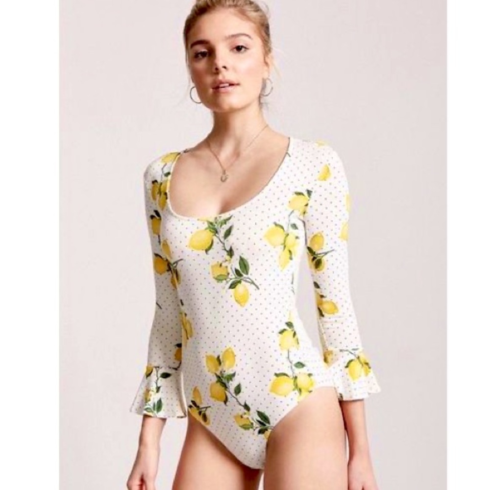 Forever 21 Lemon Polka Dot Bodysuit Small